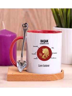 Hediye Dükkanı Kişiye Özel Başak Burcuna Hediye Ahşap Altlıklı Kırmızı Kupa Bardak