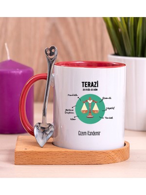 Hediye Dükkanı Kişiye Özel Terazi Burcuna Hediye Ahşap Altlıklı Kırmızı Kupa Bardak