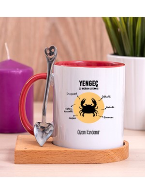 Hediye Dükkanı Kişiye Özel Yengeç Burcuna Hediye Ahşap Altlıklı Kırmızı Kupa Bardak