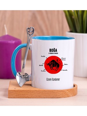 Hediye Dükkanı Kişiye Özel Boğa Burcuna Hediye Ahşap Altlıklı Mavi Kupa Bardak