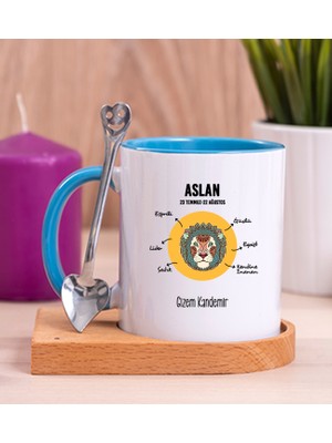 Hediye Dükkanı Kişiye Özel Aslan Burcuna Hediye Ahşap Altlıklı Mavi Kupa Bardak