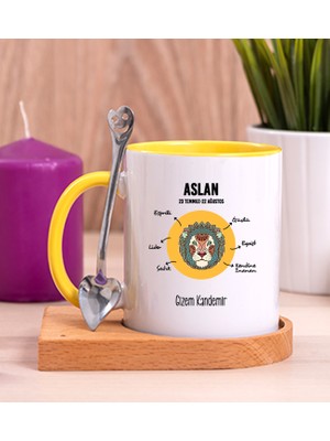 Hediye Dükkanı Kişiye Özel Aslan Burcuna Hediye Ahşap Altlıklı Sarı Kupa Bardak