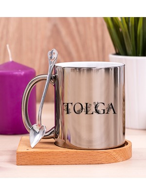 Hediye Dükkanı Kişiye Özel Çiçekli Harf Tasarım Isim Yazılı Ahşap Altlıklı Silver Kupa Bardak