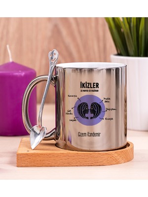 Hediye Dükkanı Kişiye Özel Ikizler Burcuna Hediye Ahşap Altlıklı Silver Kupa Bardak