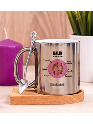 Hediye Dükkanı Kişiye Özel Balık Burcuna Hediye Ahşap Altlıklı Silver Kupa Bardak