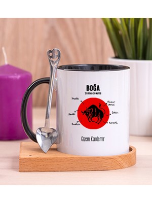 Hediye Dükkanı Kişiye Özel Boğa Burcuna Hediye Ahşap Altlıklı Siyah Kupa Bardak