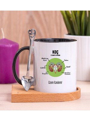 Hediye Dükkanı Kişiye Özel Koç Burcuna Hediye Ahşap Altlıklı Siyah Kupa Bardak