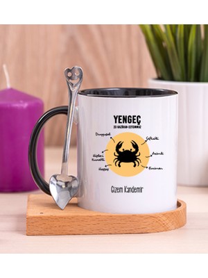 Hediye Dükkanı Kişiye Özel Yengeç Burcuna Hediye Ahşap Altlıklı Siyah Kupa Bardak