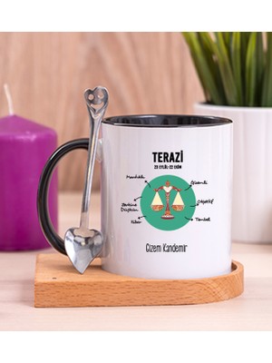 Hediye Dükkanı Kişiye Özel Terazi Burcuna Hediye Ahşap Altlıklı Siyah Kupa Bardak