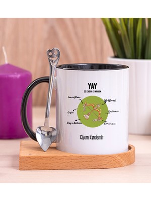 Hediye Dükkanı Kişiye Özel Yay Burcuna Hediye Ahşap Altlıklı Siyah Kupa Bardak