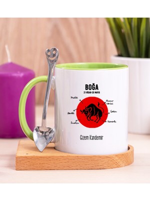 Hediye Dükkanı Kişiye Özel Boğa Burcuna Hediye Ahşap Altlıklı Yeşil Kupa Bardak