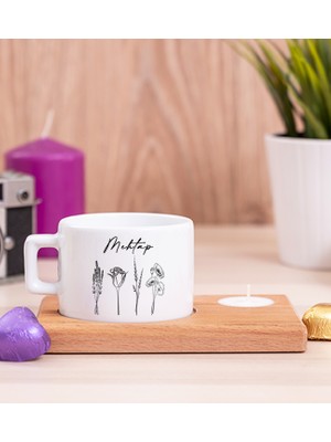 Hediye Dükkanı Kişiye Özel Karakalem Çizimli Çiçekler Ahşap Altlıklı Mumlu Fincan