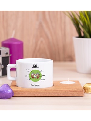 Hediye Dükkanı Kişiye Özel Koç Burcuna Hediye Ahşap Altlıklı Mumlu Fincan