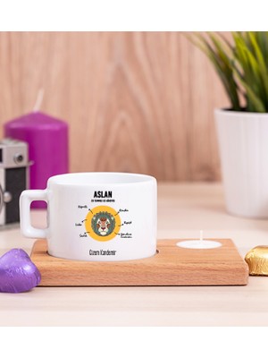 Hediye Dükkanı Kişiye Özel Aslan Burcuna Hediye Ahşap Altlıklı Mumlu Fincan