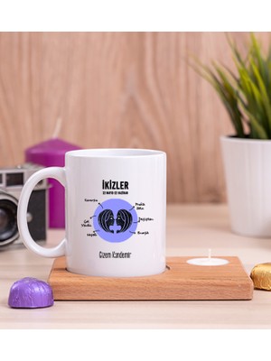 Hediye Dükkanı Kişiye Özel Ikizler Burcuna Hediye Ahşap Altlıklı Mumlu Beyaz Kupa Bardak