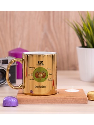 Hediye Dükkanı Kişiye Özel Koç Burcuna Hediye Ahşap Altlıklı Mumlu Gold  Kupa Bardak