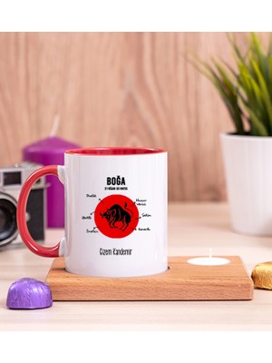 Hediye Dükkanı Kişiye Özel Boğa Burcuna Hediye Ahşap Altlıklı Mumlu Kırmızı Kupa Bardak