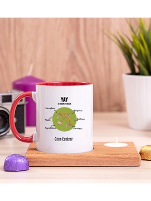 Hediye Dükkanı Kişiye Özel Yay Burcuna Hediye Ahşap Altlıklı Mumlu Kırmızı Kupa Bardak