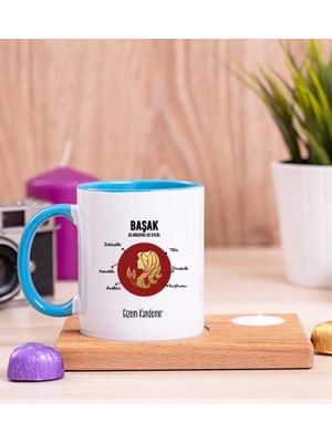 Hediye Dükkanı Kişiye Özel Başak Burcuna Hediye Ahşap Altlıklı Mumlu Mavi Kupa Bardak