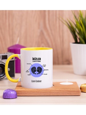 Hediye Dükkanı Kişiye Özel Ikizler Burcuna Hediye Ahşap Altlıklı Mumlu Sarı Kupa Bardak