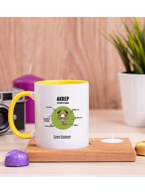 Hediye Dükkanı Kişiye Özel Akrep Burcuna Hediye Ahşap Altlıklı Mumlu Sarı Kupa Bardak