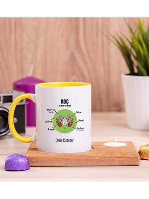 Hediye Dükkanı Kişiye Özel Koç Burcuna Hediye Ahşap Altlıklı Mumlu Sarı Kupa Bardak