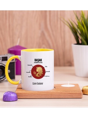 Hediye Dükkanı Kişiye Özel Başak Burcuna Hediye Ahşap Altlıklı Mumlu Sarı Kupa Bardak