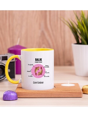 Hediye Dükkanı Kişiye Özel Balık Burcuna Hediye Ahşap Altlıklı Mumlu Sarı Kupa Bardak