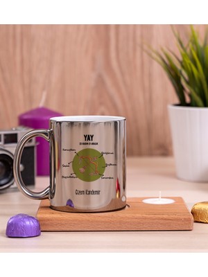 Hediye Dükkanı Kişiye Özel Yay Burcuna Hediye Ahşap Altlıklı Mumlu Silver Kupa Bardak