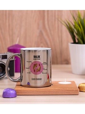 Hediye Dükkanı Kişiye Özel Balık Burcuna Hediye Ahşap Altlıklı Mumlu Silver Kupa Bardak