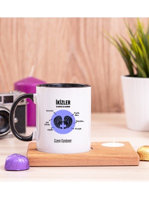 Hediye Dükkanı Kişiye Özel Ikizler Burcuna Hediye Ahşap Altlıklı Mumlu Siyah Kupa Bardak