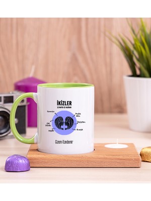 Hediye Dükkanı Kişiye Özel Ikizler Burcuna Hediye Ahşap Altlıklı Mumlu Yeşil Kupa Bardak