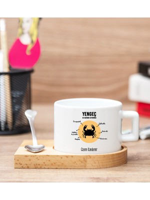 Hediye Dükkanı Kişiye Özel Yengeç Burcuna Hediye Ahşap Altlıklı Fincan