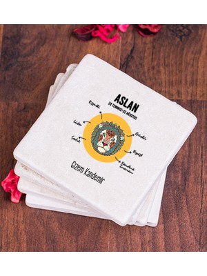 Hediye Dükkanı Kişiye Özel Aslan Burcuna Hediye Taş Bardak Altlığı