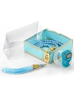 İhvan Online İsme Özel Pleksili Inci Tesbihli Zikirmatikli Set Mavi Renk