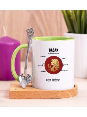 Hediye Dükkanı Kişiye Özel Başak Burcuna Hediye Ahşap Altlıklı Yeşil Kupa Bardak