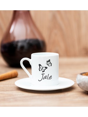 Hediye Dükkanı Kişiye Özel Kelebekler Uçuyor Isimli Beyaz Türk Kahvesi Fincanı