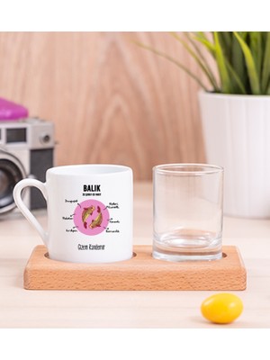 Hediye Dükkanı Kişiye Özel Balık Burcuna Hediye Ahşap Sunumlu Türk Kahvesi Fincanı