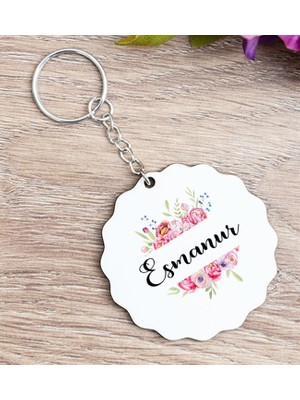 Hediye Dükkanı Kişiye Özel Çiçek Çerçeveli Isimli Ahşap Anahtarlık