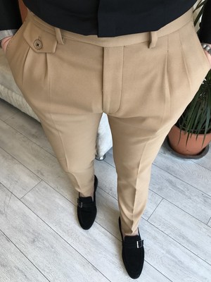 Terzi Adem Italyan Stil Slim Fit Erkek Pileli Kumaş Pantolon Camel T5289