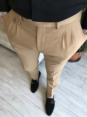 Terzi Adem Italyan Stil Slim Fit Erkek Pileli Kumaş Pantolon Camel T5289