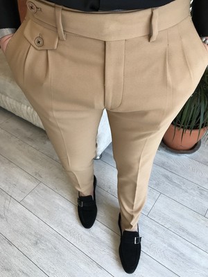 Terzi Adem Italyan Stil Slim Fit Erkek Pileli Kumaş Pantolon Camel T5289