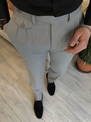 Terzi Adem Italyan Stil Slim Fit Erkek Pileli Kumaş Pantolon Gri T5286