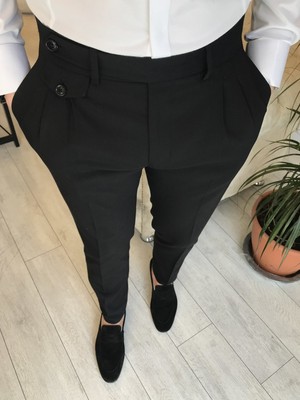 Terzi Adem Italyan Stil Slim Fit Erkek Pileli Kumaş Pantolon Siyah T5287