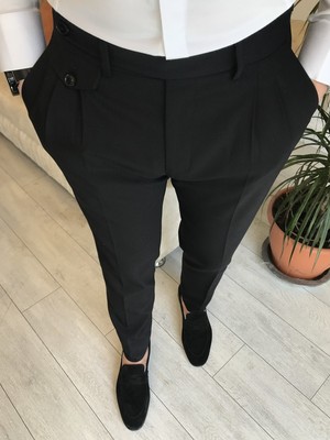 Terzi Adem Italyan Stil Slim Fit Erkek Pileli Kumaş Pantolon Siyah T5287