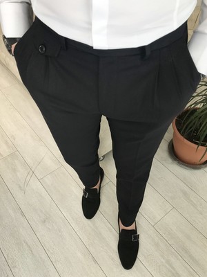 Terzi Adem Italyan Stil Slim Fit Erkek Pileli Kumaş Pantolon Siyah T5287