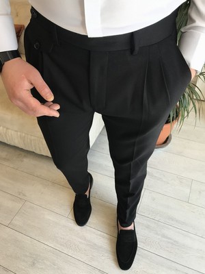 Terzi Adem Italyan Stil Slim Fit Erkek Pileli Kumaş Pantolon Siyah T5287