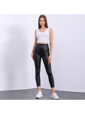 Pucka Fashion Yüksek Bel Toparlayıcı Deri Tayt