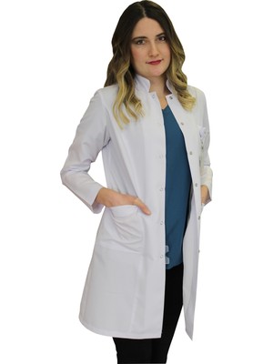 Safa Forma Hakim Yaka Kadın Diz Üstü Boy - Uzun Kol Doktor Önlüğü , Öğretmen , Laboratuvar , Hastane Forması , Beyaz Önlük