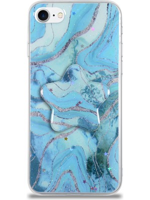 Kzy Apple iPhone 7 Kapak Mermer Desenli Pop Socketli Silikon Kılıf - Mavi